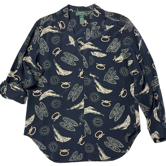 VTG Ralph Lauren Nautical 100% Silk Top Long Roll Tab Sleeve Navy Blue Size PM - Picture 2 of 13